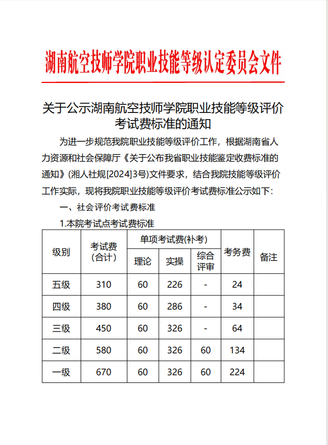 关于公示湖南航空技师同花顺网页版页面职业技能等级评价考试费标准的通知
